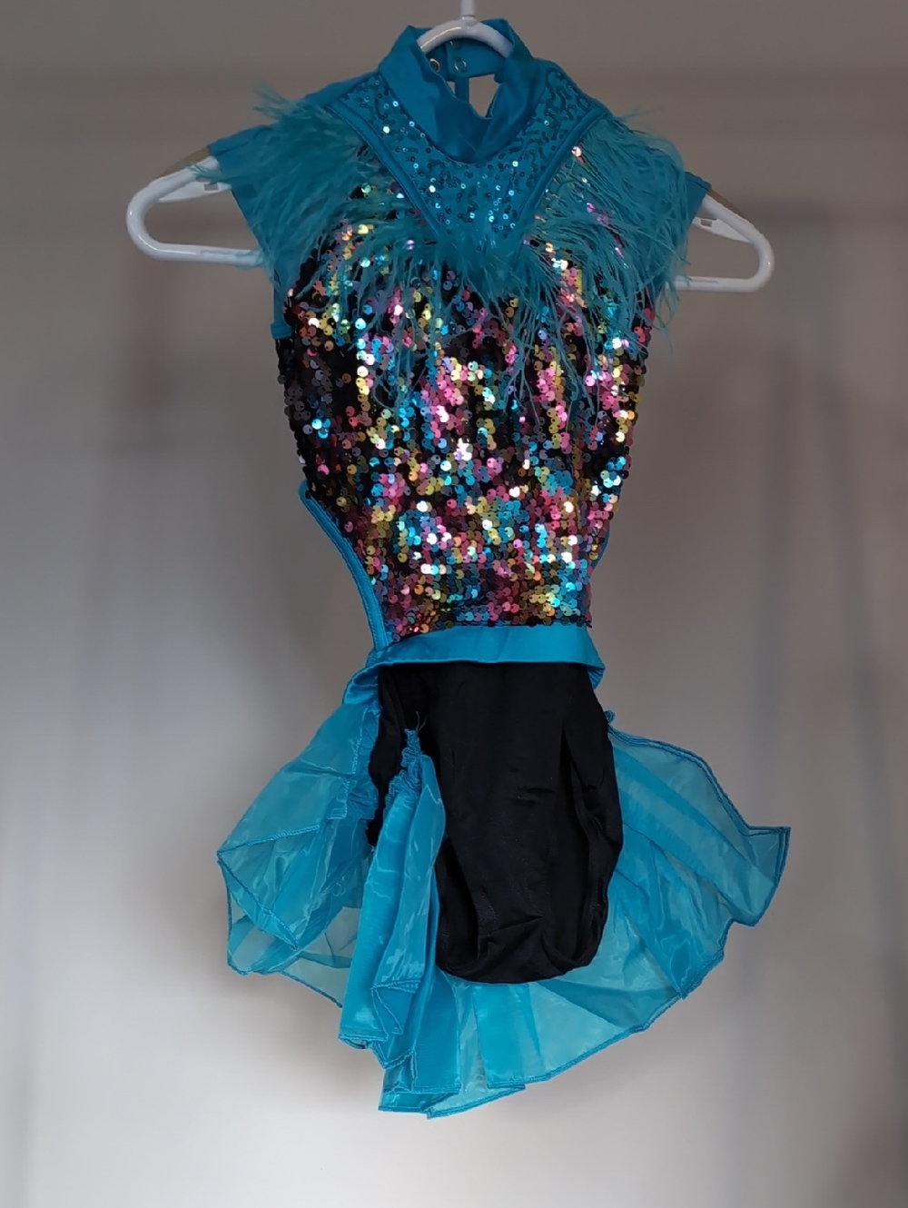 Kids Teal Sequin Dance Costume with Feather Trim